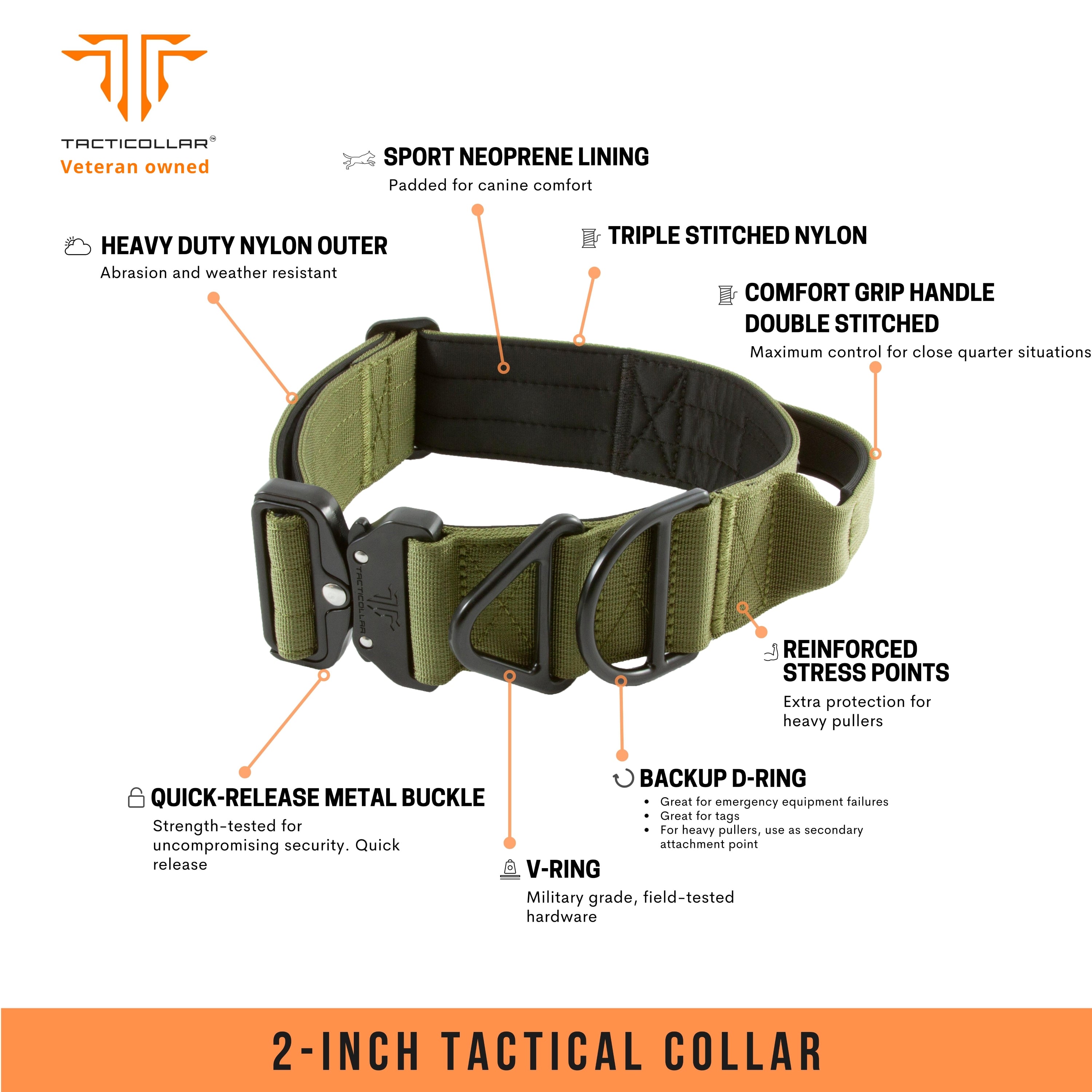 2 inch tactical dog collar olive green