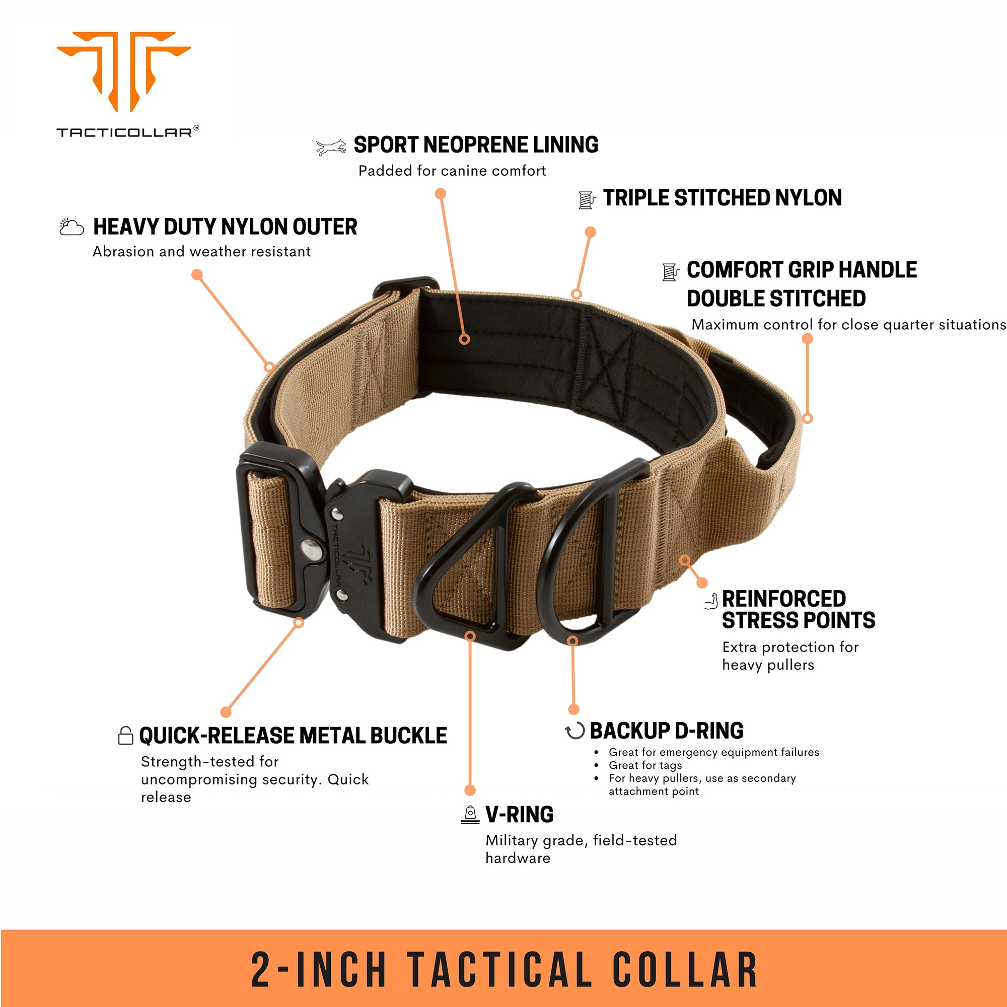 2 inch tactical dog collar coyote brown