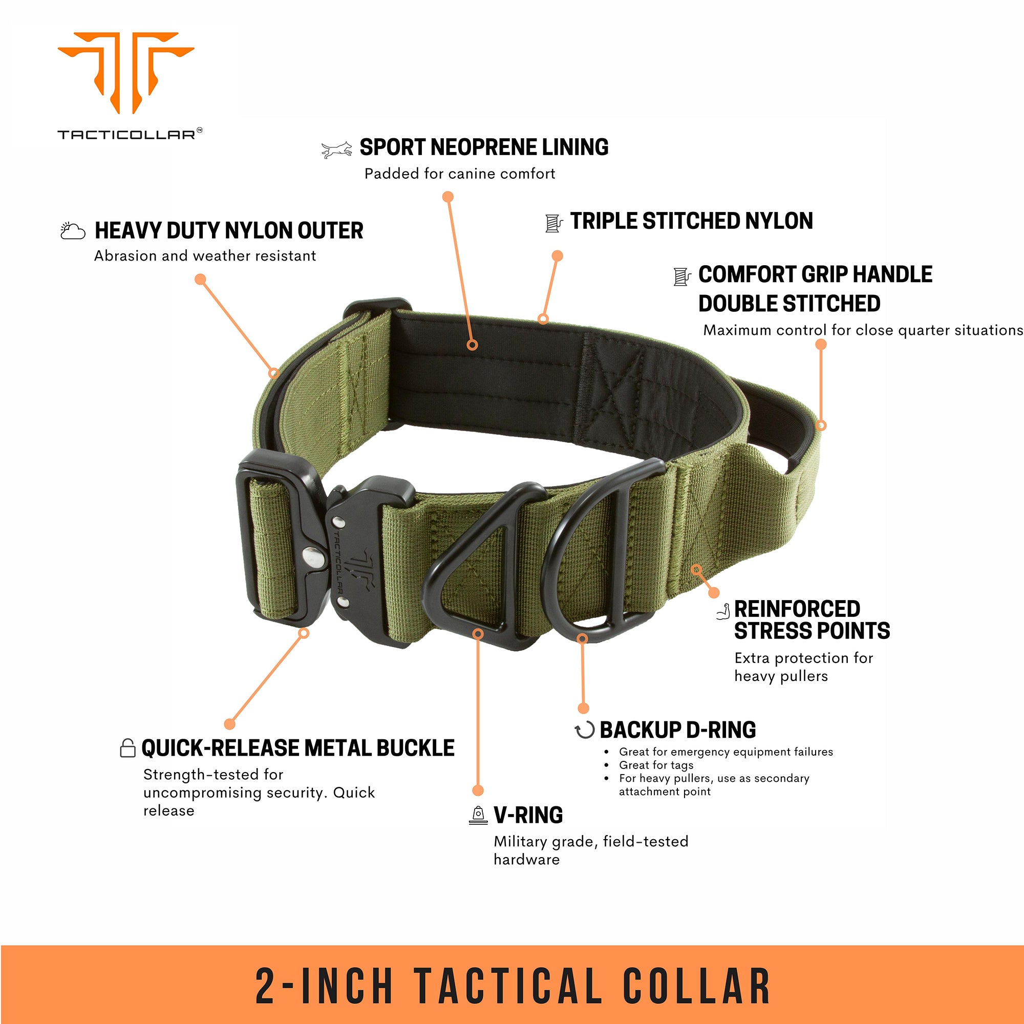 2 inch tactical dog collar black