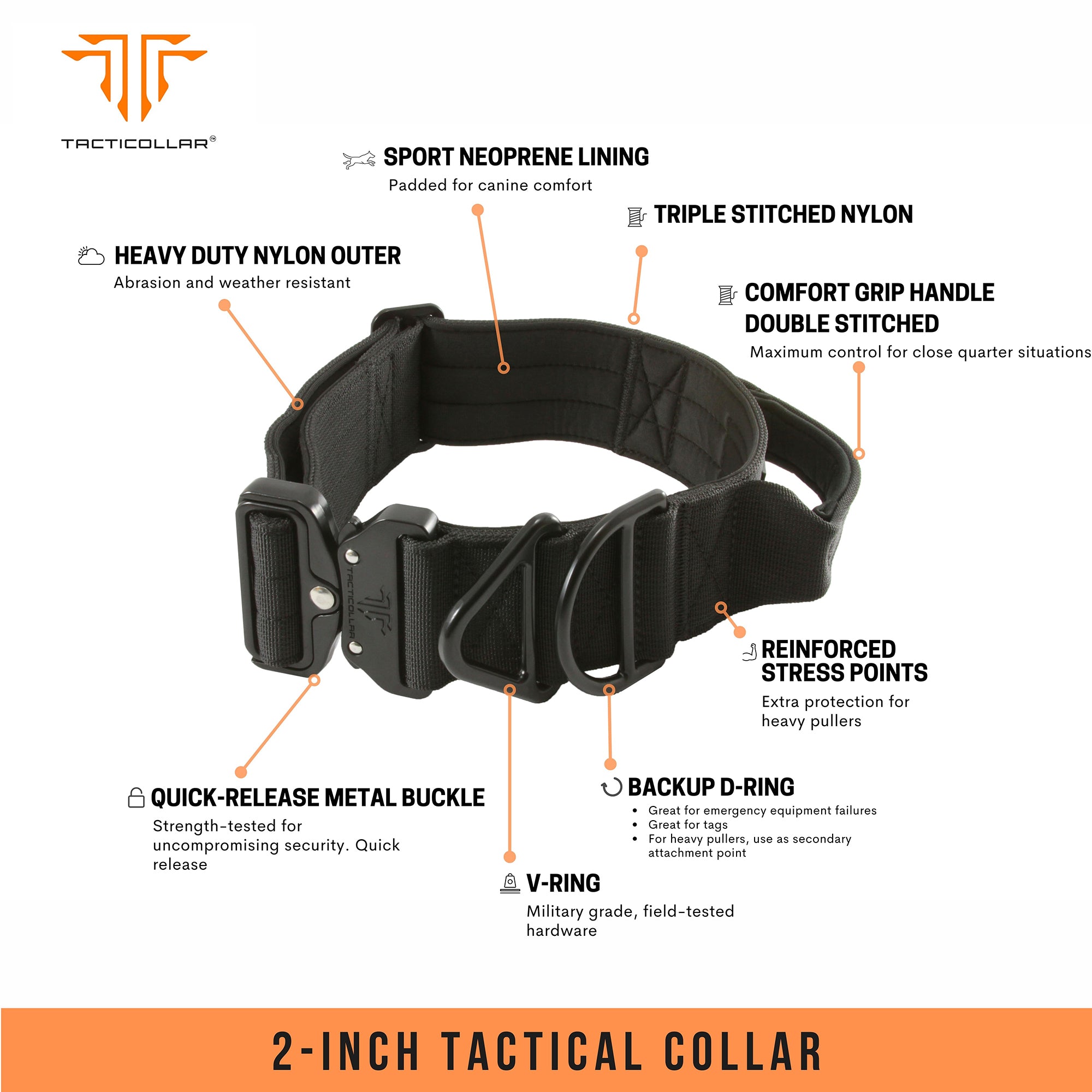2 inch tactical dog collar black